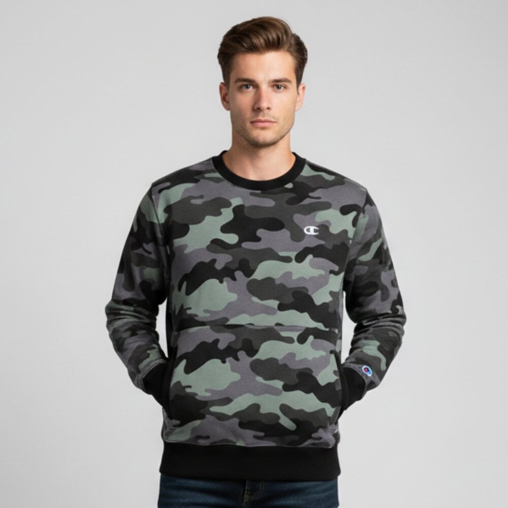 Champion Men’s Camo Crewneck Sweatshirt Sz S Green Black Pullover Logo Layering